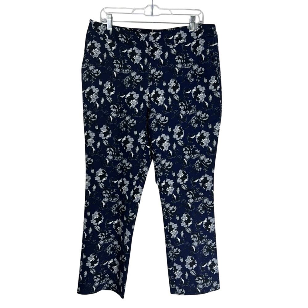 Carolina Belle Montreal Blue w/ Black Gray White Flowers Cropped Pants Size 12